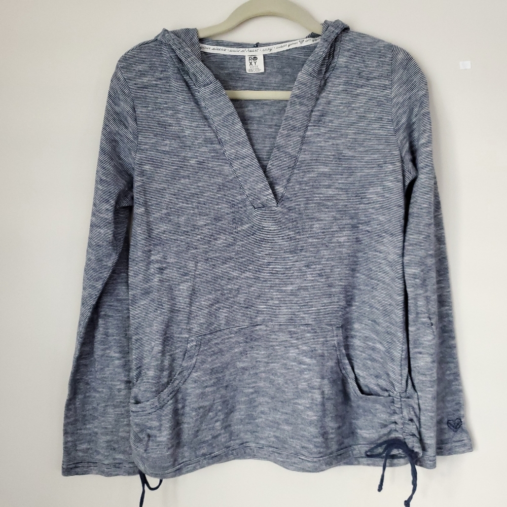 Roxy Blue and White Striped V Neck Nautical Beach Surf Swim Hoodie Medium
